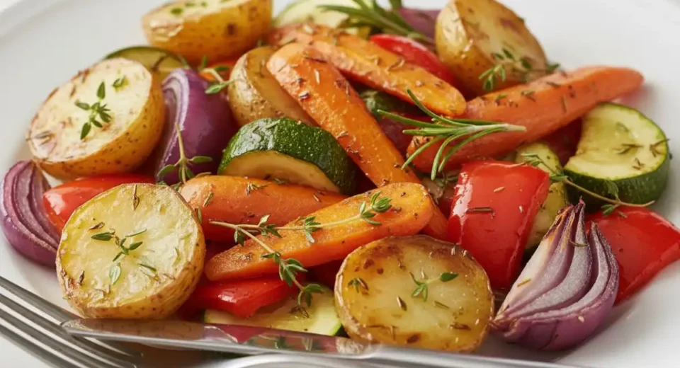 Potatoes carrots zucchini peppers herbed crisp roast.