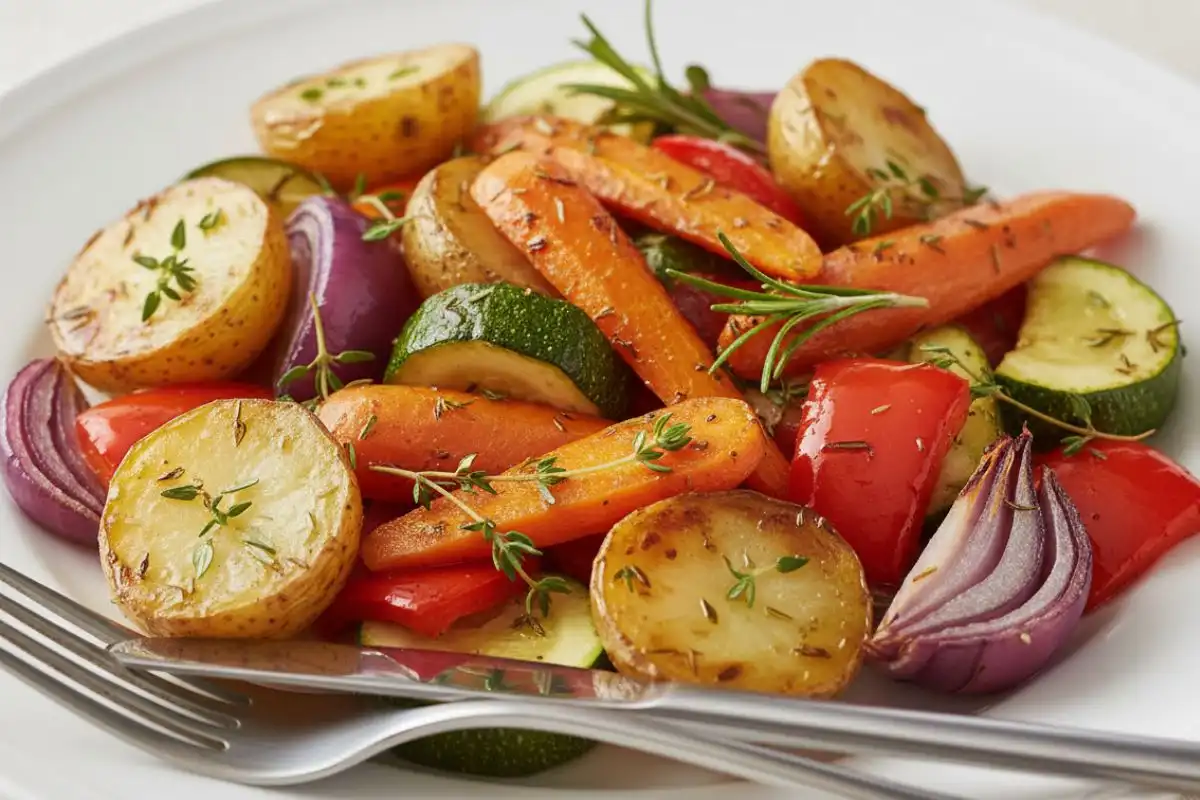 Potatoes carrots zucchini peppers herbed crisp roast.