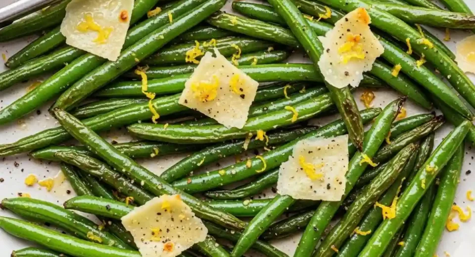 Roasted green beans with parmesan crust.