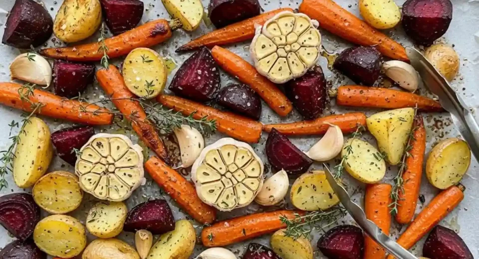 Beets carrots potatoes garlic thyme roasted golden.