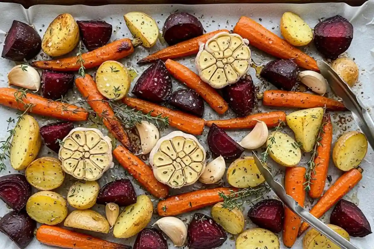 Beets carrots potatoes garlic thyme roasted golden.