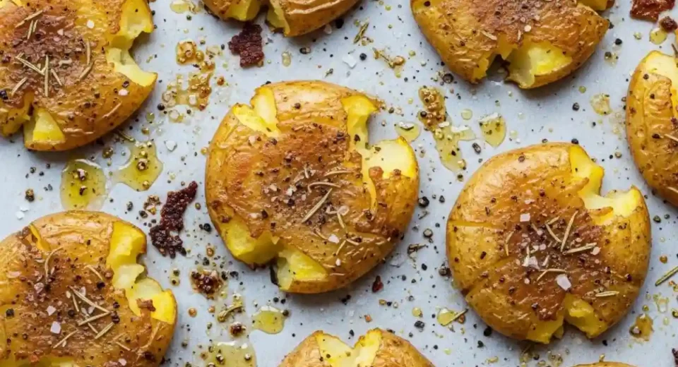 Boiled and smashed baby potatoes roasted crispy with garlic and herbs.