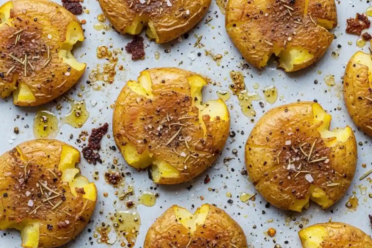 Boiled and smashed baby potatoes roasted crispy with garlic and herbs.