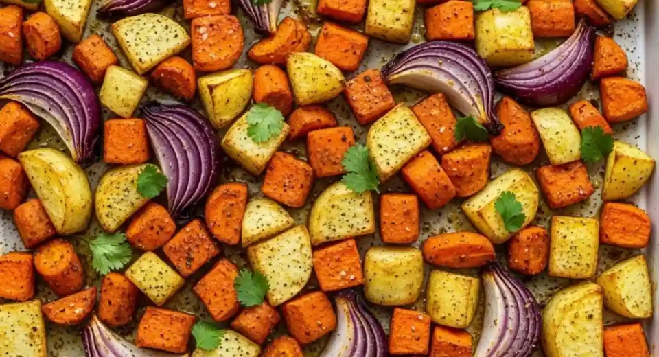 Red onions carrots sweet potatoes rutabaga curry baked golden.