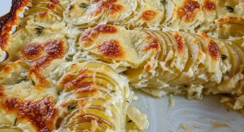 Creamy layered potatoes baked with Gruyere cheese crust.