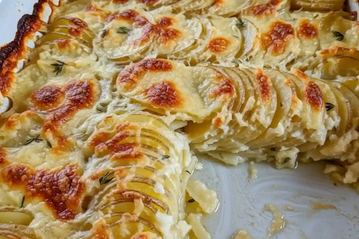 Creamy layered potatoes baked with Gruyere cheese crust.