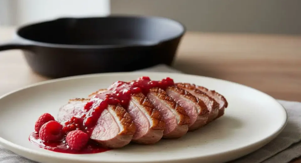 Pan-seared duck breasts with crispy skin and a quick raspberry pan sauce.