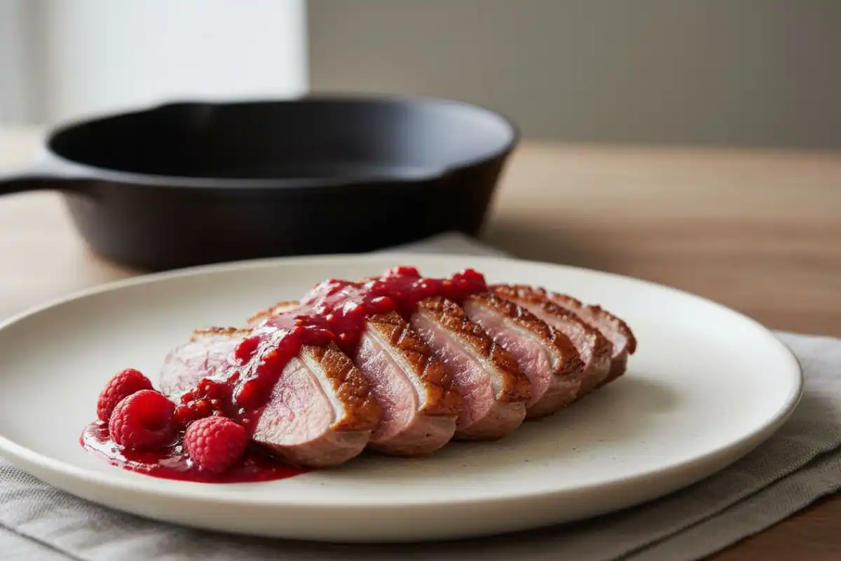 Pan-seared duck breasts with crispy skin and a quick raspberry pan sauce.