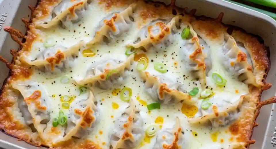 Frozen dumplings baked in cheesy soy sauce with scallions.