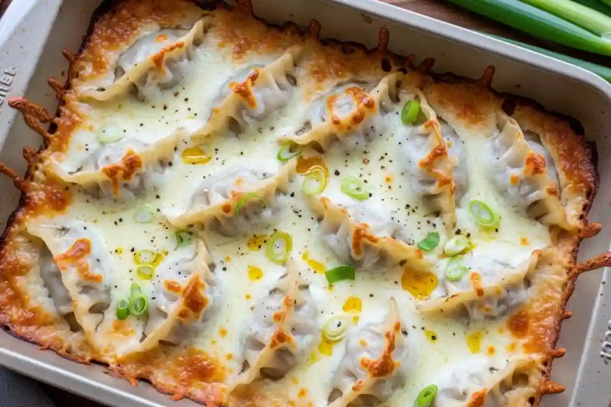 Frozen dumplings baked in cheesy soy sauce with scallions.
