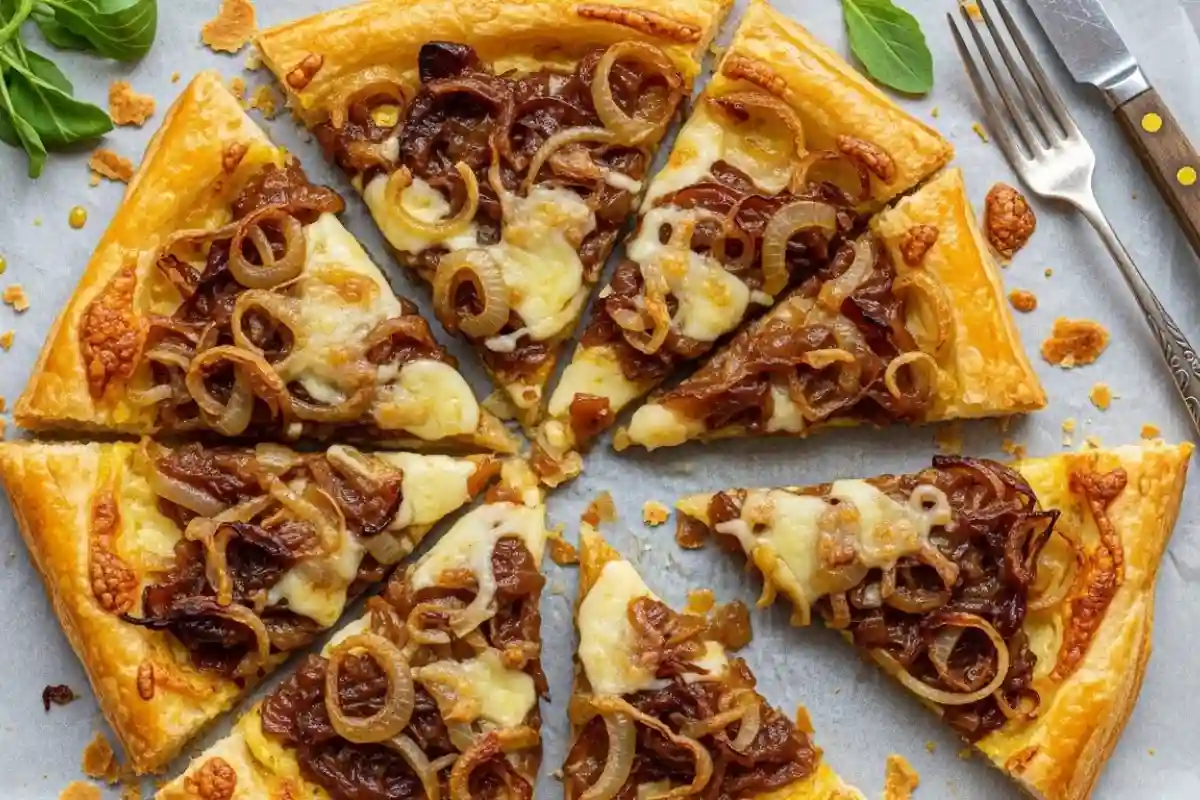 Caramelized onions on puff pastry with Gruyere.