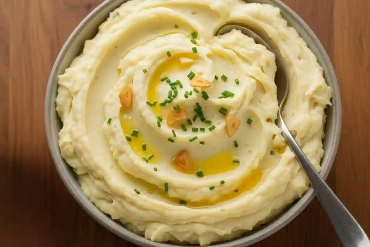 Creamy mashed potatoes with roasted garlic butter.