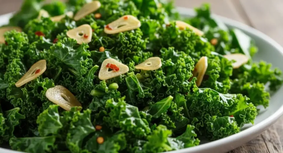 Wilted kale ribbons garlicky lemon bright.