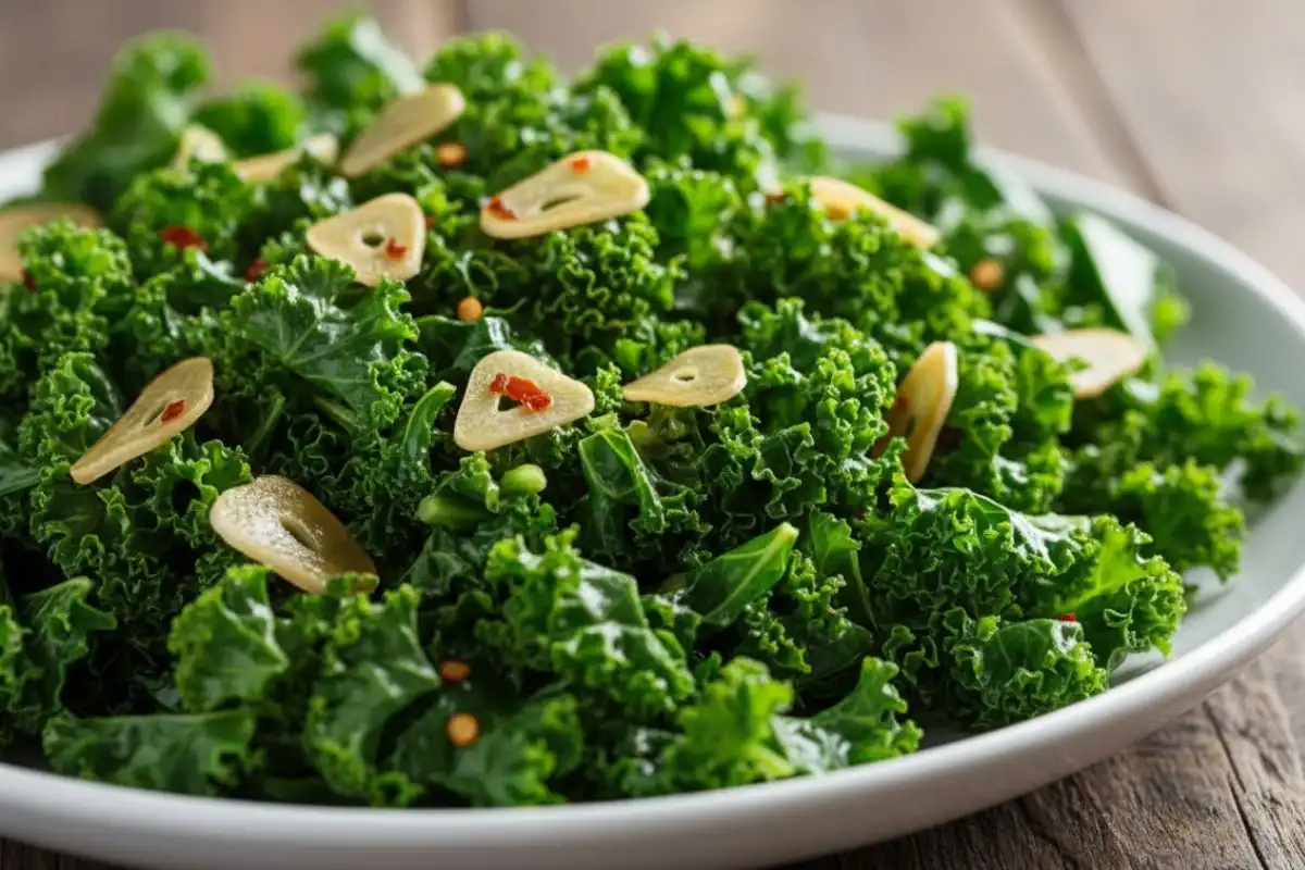 Wilted kale ribbons garlicky lemon bright.