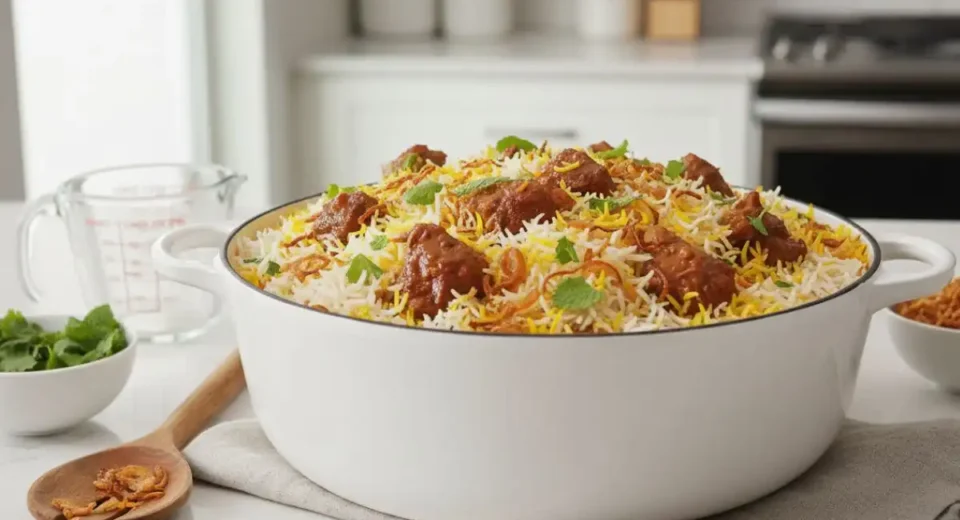 Layered basmati rice and tender spiced goat cooked on dum for a fragrant, restaurant-style Indian goat biryani at home.