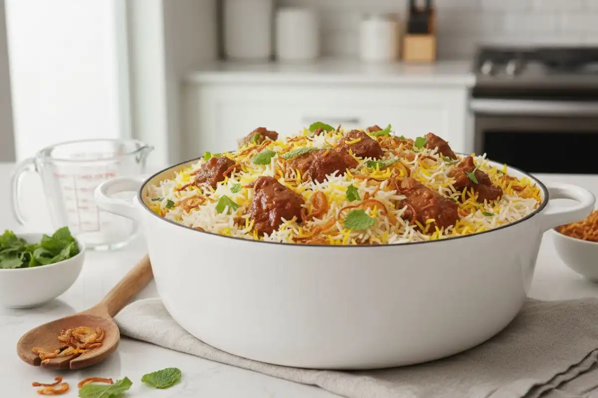 Layered basmati rice and tender spiced goat cooked on dum for a fragrant, restaurant-style Indian goat biryani at home.
