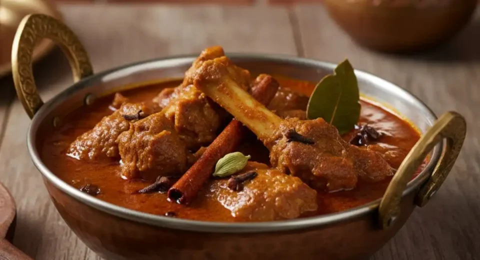 Bone-in goat gently braised in a Kashmiri-style yogurt gravy with Kashmiri chili, fennel, and warm spices for a rich, aromatic Rogan Josh.