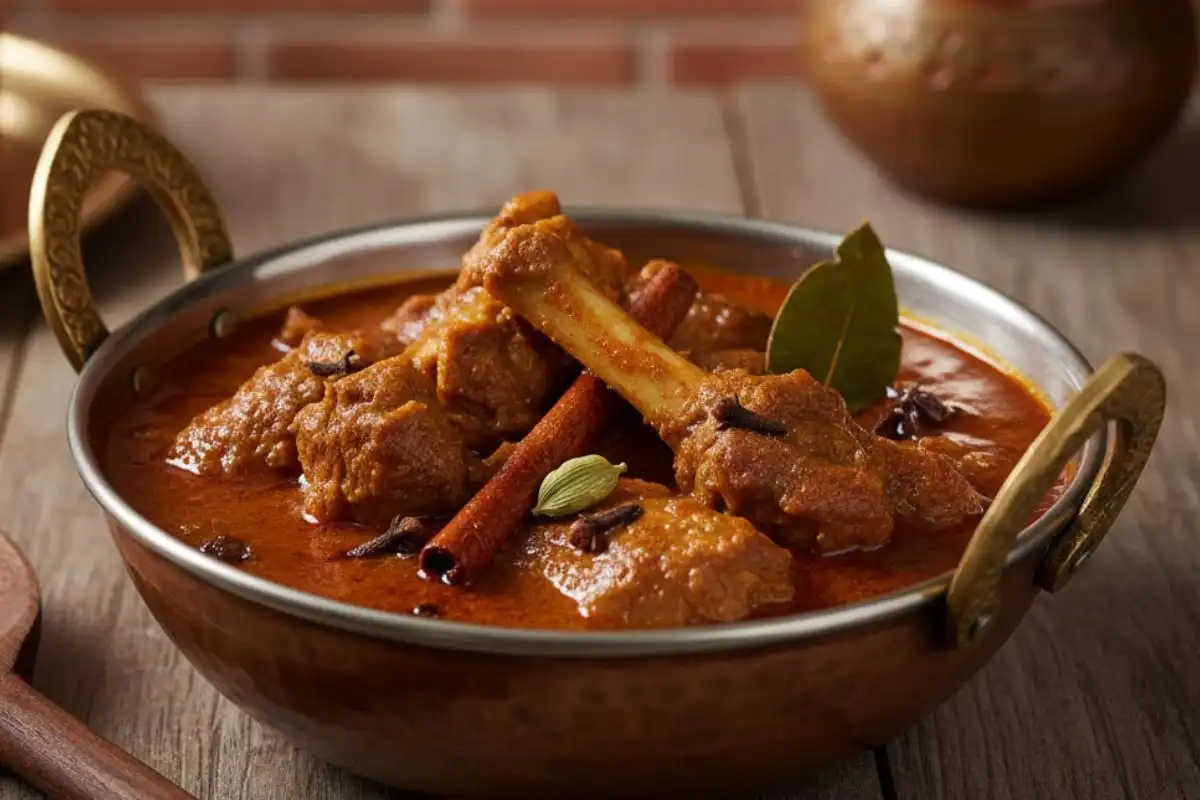 Bone-in goat gently braised in a Kashmiri-style yogurt gravy with Kashmiri chili, fennel, and warm spices for a rich, aromatic Rogan Josh.