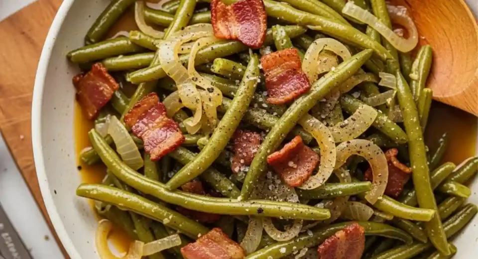 Slow-simmered green beans with bacon onion.