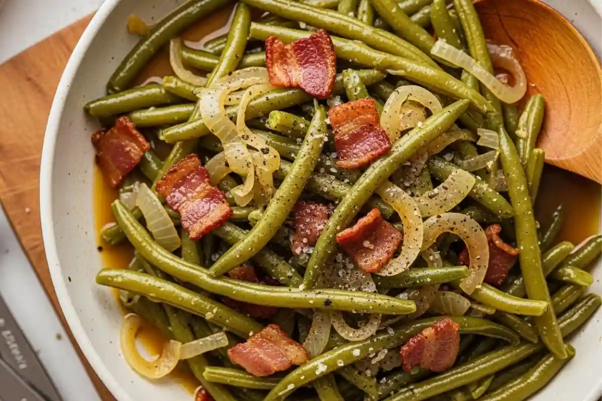 Slow-simmered green beans with bacon onion.