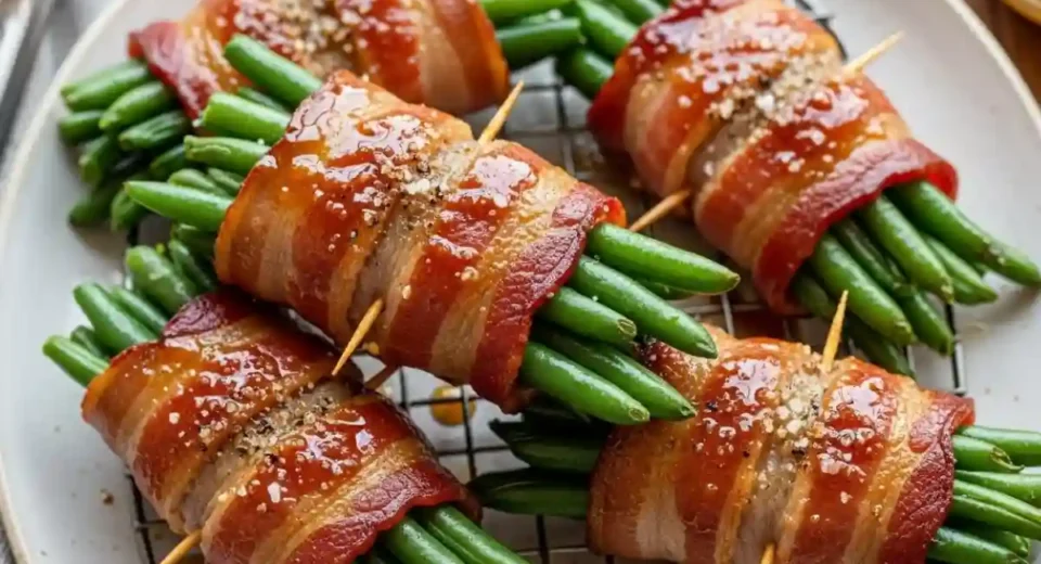 Bacon-wrapped green bean bundles baked crispy.