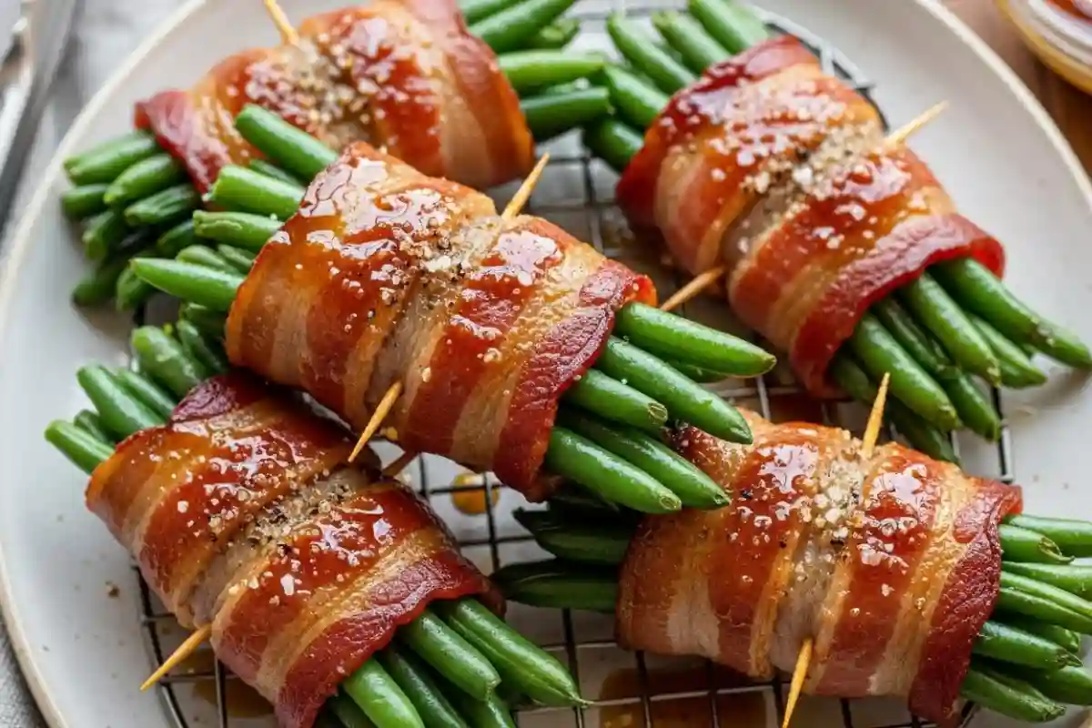Bacon-wrapped green bean bundles baked crispy.