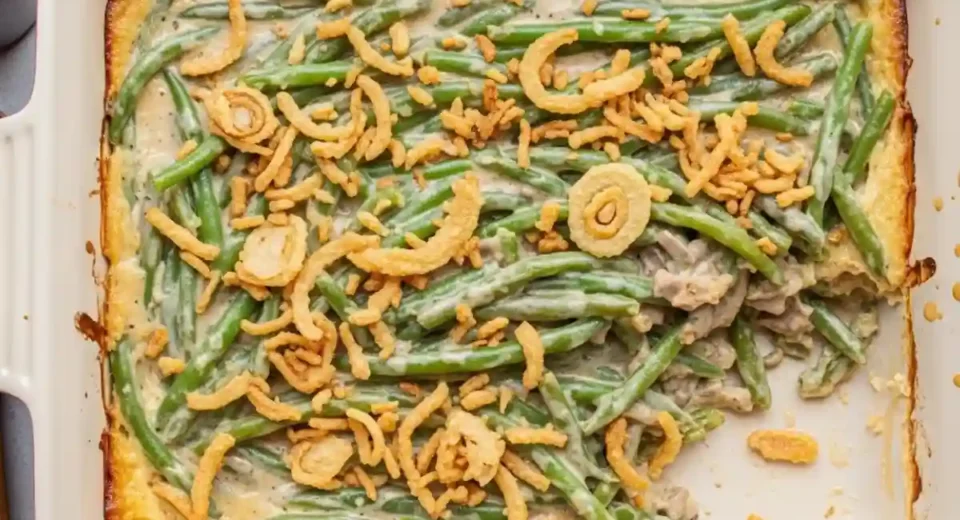 Creamy mushroom green beans with fried onion topping.