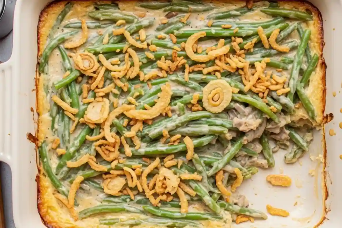 Creamy mushroom green beans with fried onion topping.