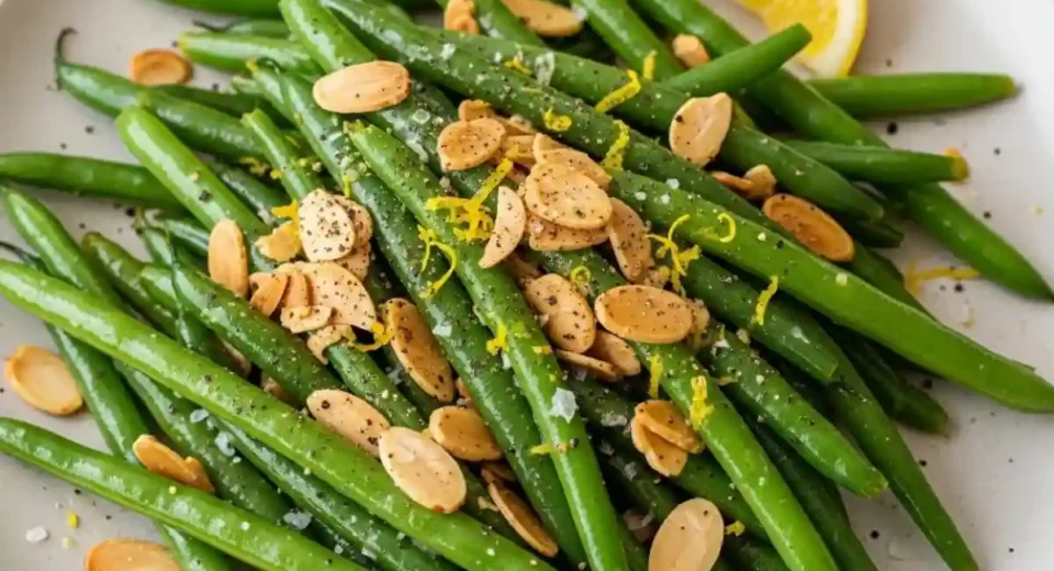 Sautéed French beans with toasted almonds lemon butter.
