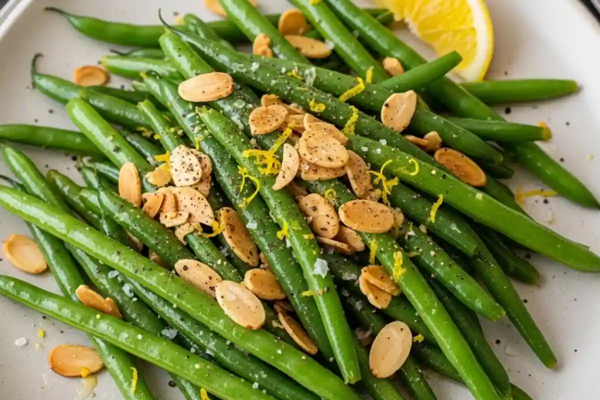 Sautéed French beans with toasted almonds lemon butter.