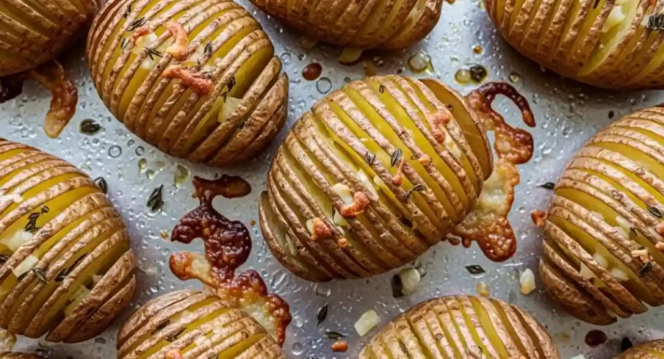 Fan-sliced potatoes baked buttery crispy.