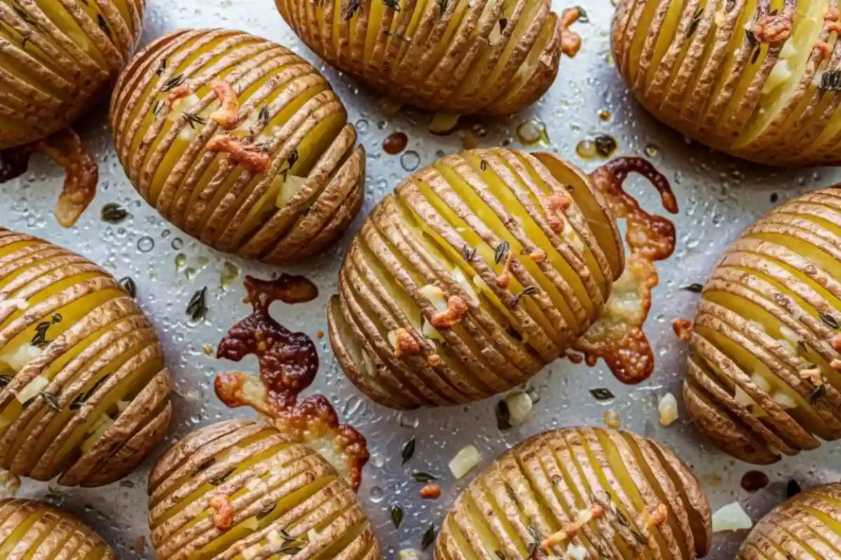 Fan-sliced potatoes baked buttery crispy.