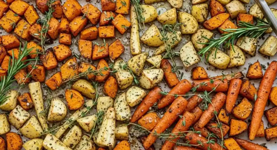 Butternut squash sweet potato parsnips carrots roasted rosemary thyme crisp.
