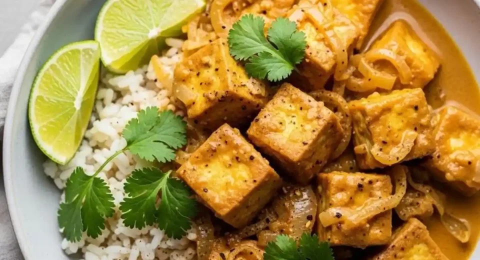 A creamy, high-protein curry made with tofu and a rich coconut milk sauce, seasoned with aromatic spices for a savory and satisfying meal.