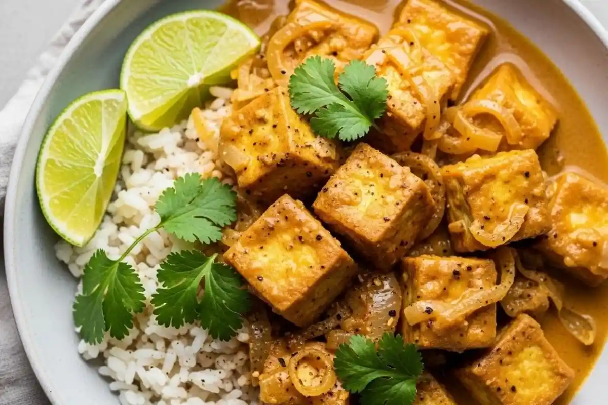 A creamy, high-protein curry made with tofu and a rich coconut milk sauce, seasoned with aromatic spices for a savory and satisfying meal.