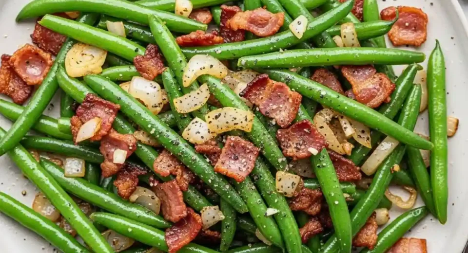 Sautéed green beans with bacon onion.