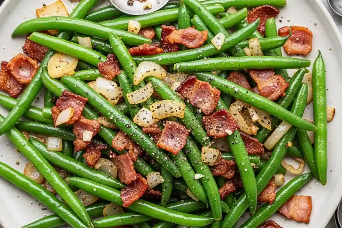 Sautéed green beans with bacon onion.