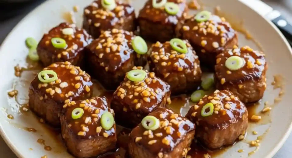 Seared steak cubes in sticky honey garlic glaze.