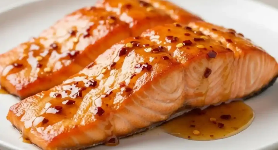 Sweet, spicy, and sticky salmon baked until caramelized and flaky.