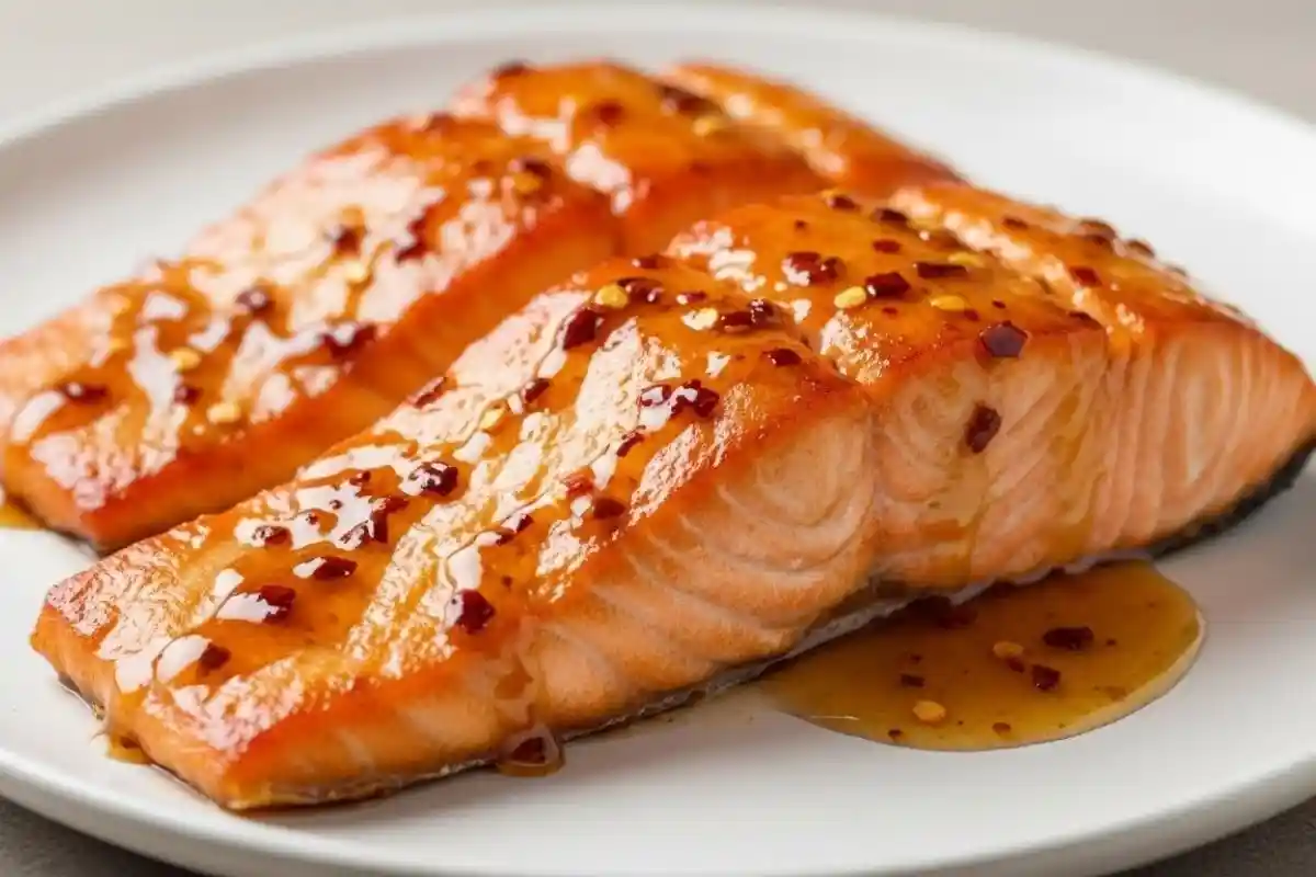 Sweet, spicy, and sticky salmon baked until caramelized and flaky.