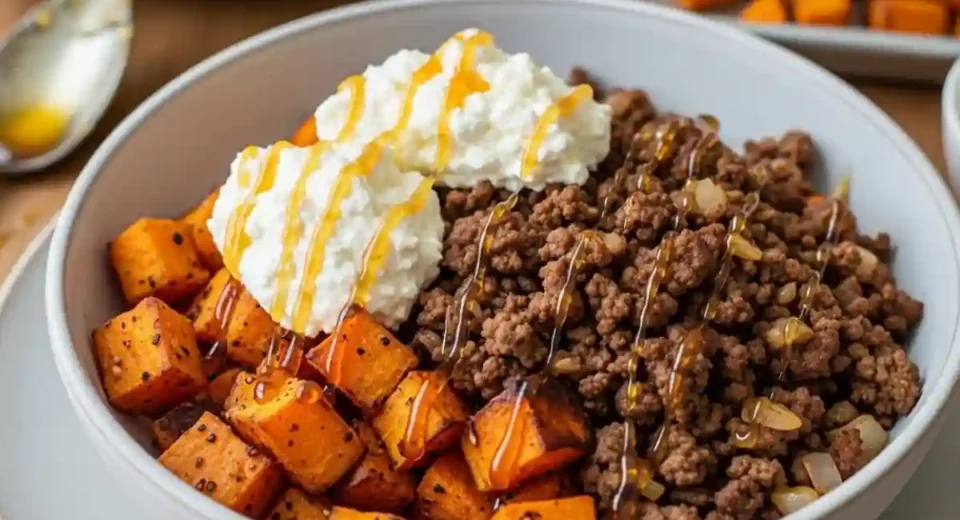 Roasted sweet potatoes beef cottage cheese with hot honey drizzle.