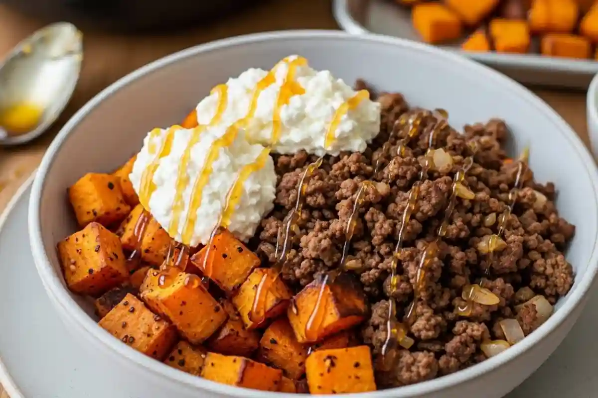 Roasted sweet potatoes beef cottage cheese with hot honey drizzle.