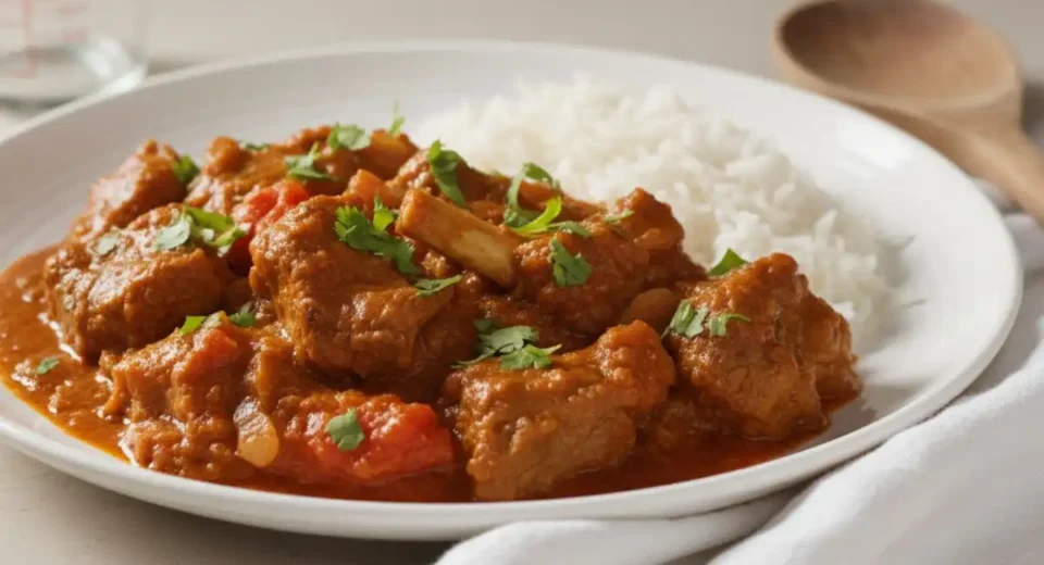 Tender goat simmered in a spiced onion-tomato gravy with warm Indian spices