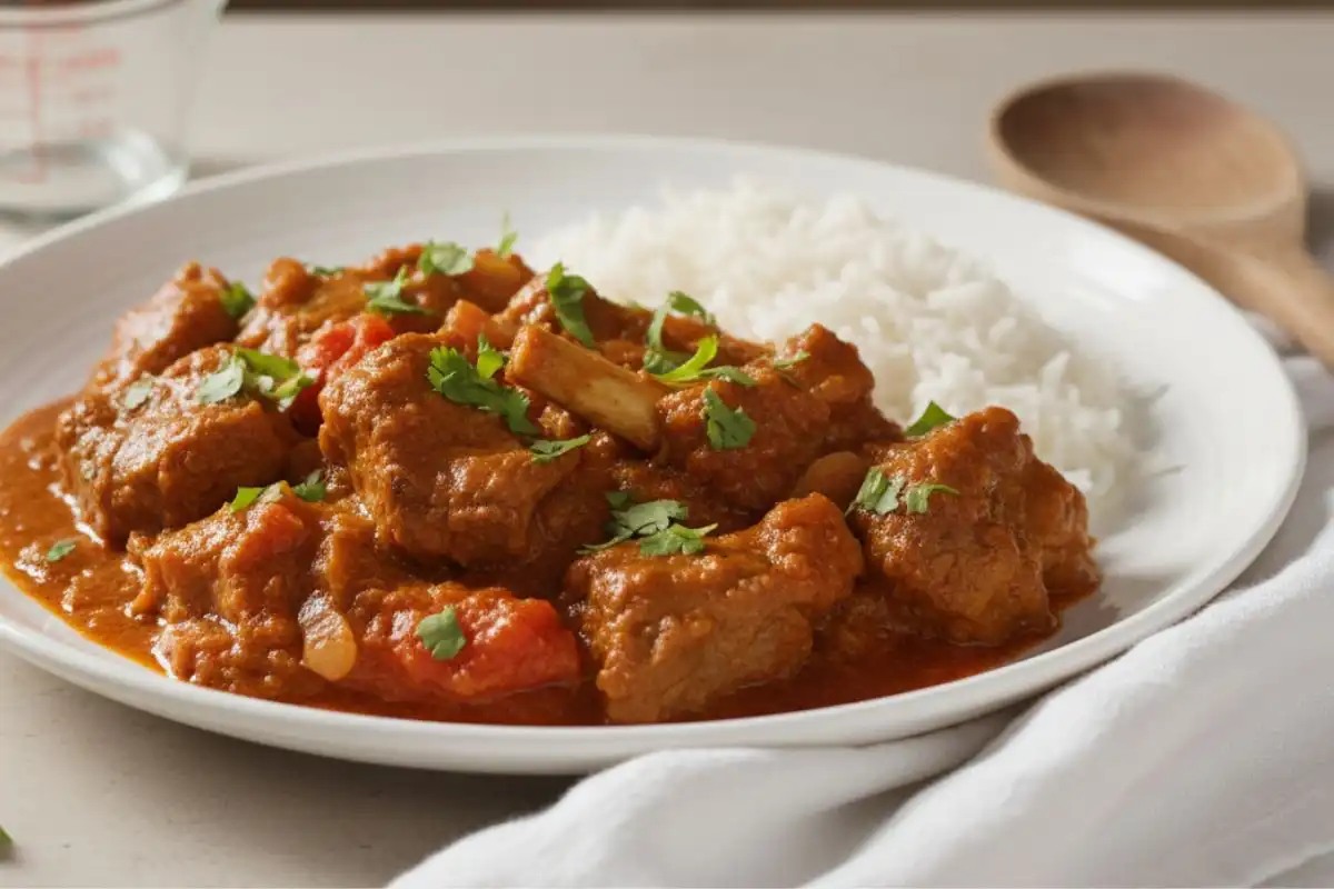 Tender goat simmered in a spiced onion-tomato gravy with warm Indian spices