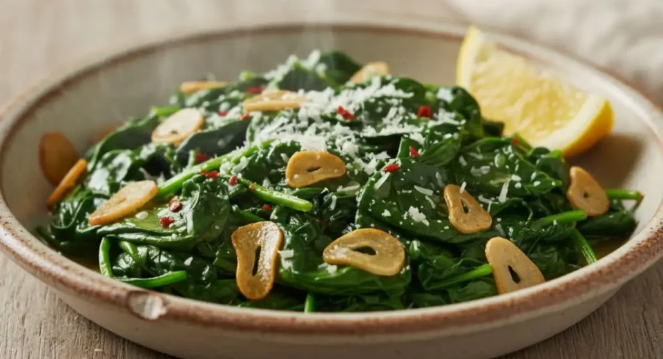 Garlic olive oil sautéed spinach with lemon and parm.