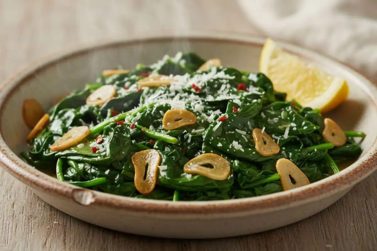 Garlic olive oil sautéed spinach with lemon and parm.
