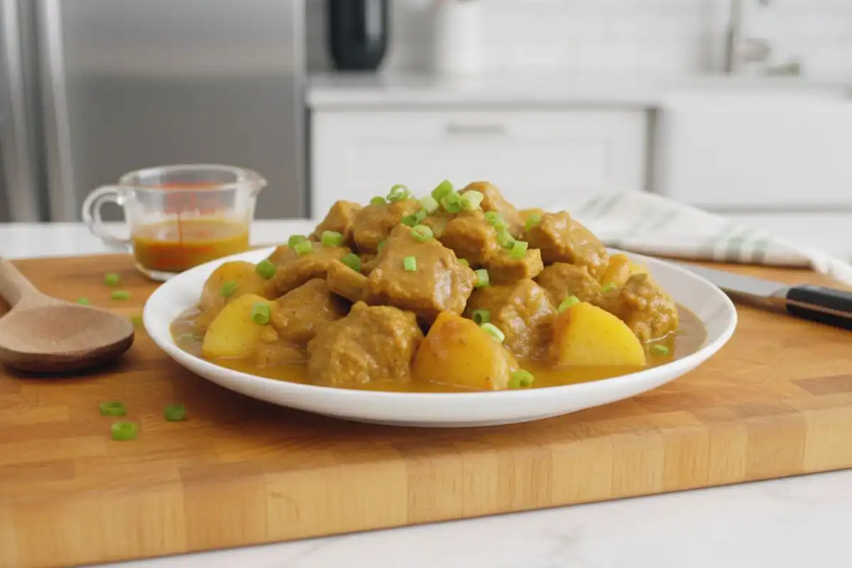 Tender goat simmered in Jamaican curry, thyme, and Scotch bonnet for a rich, spicy, island-style stew.