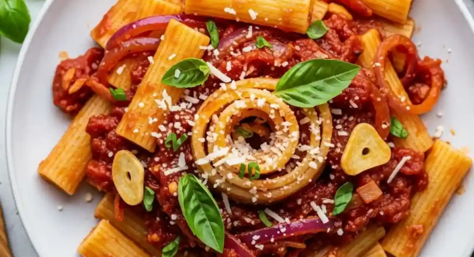 Caramelized red onions in tomato sauce over pasta.