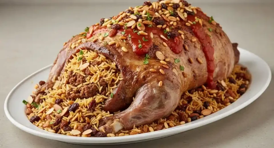 Kharouf Mihshi is a rich Arab Gulf dish where a whole lamb is stuffed with rice, spices, and nuts, then slow-roasted to tender perfection.