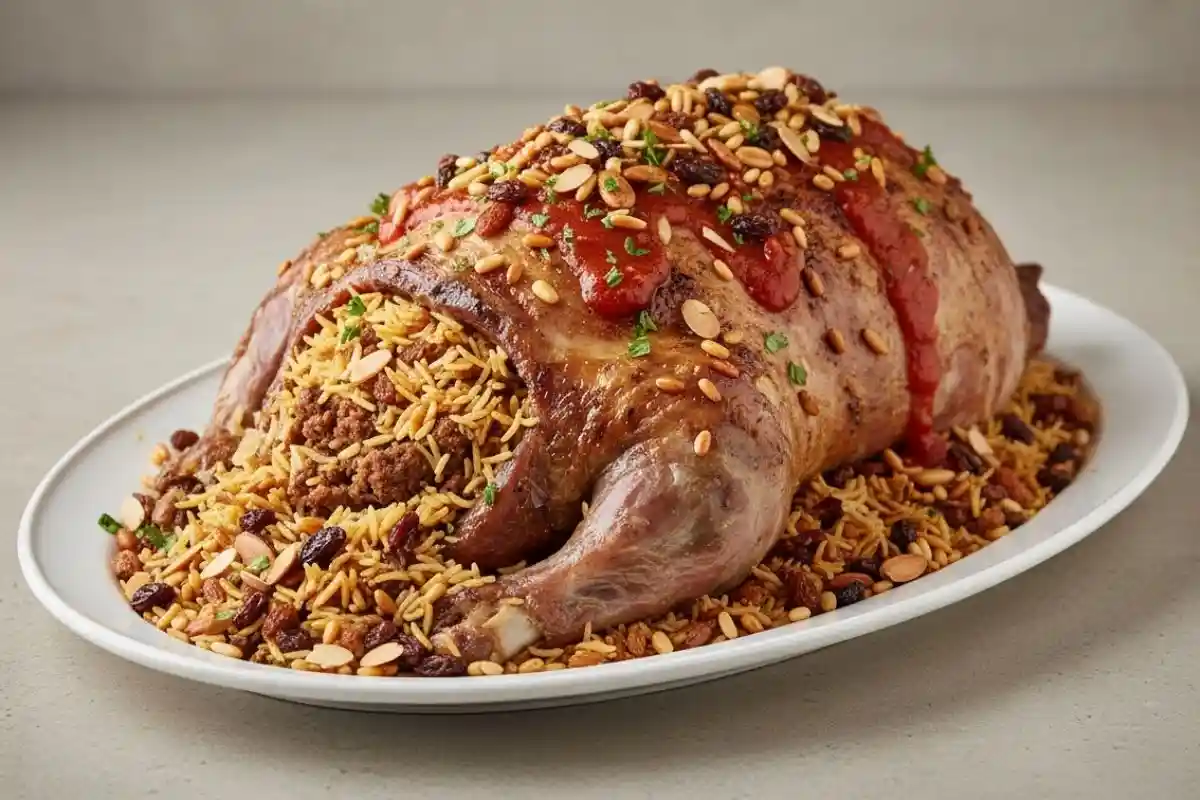 Kharouf Mihshi is a rich Arab Gulf dish where a whole lamb is stuffed with rice, spices, and nuts, then slow-roasted to tender perfection.